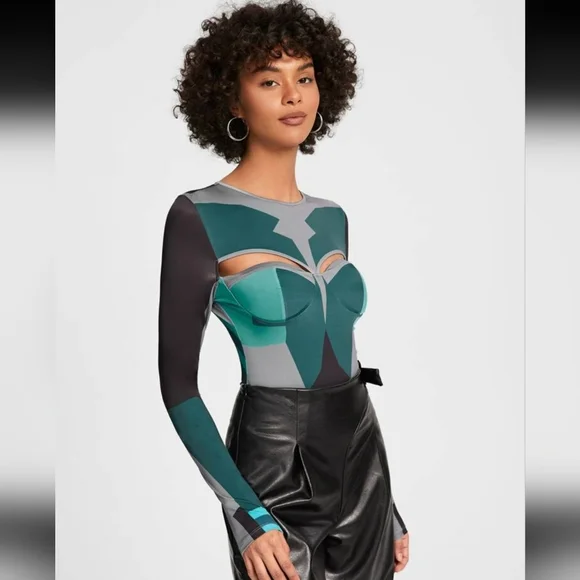 SHEIN Teal and Gray Cutout Bodysuit - Picture 3 of 9